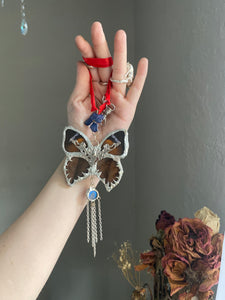 Organic Moth Necklace, Morpho Butterfly Detail  With Hydrangea on Red Ribbon