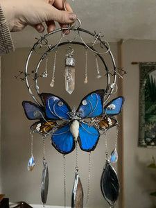 “Morpho Glyph Portal” Black Petina Organic Morpho and Monarch Wall Art with Runic Protection Glyphs, Crow Feather Suncatcher