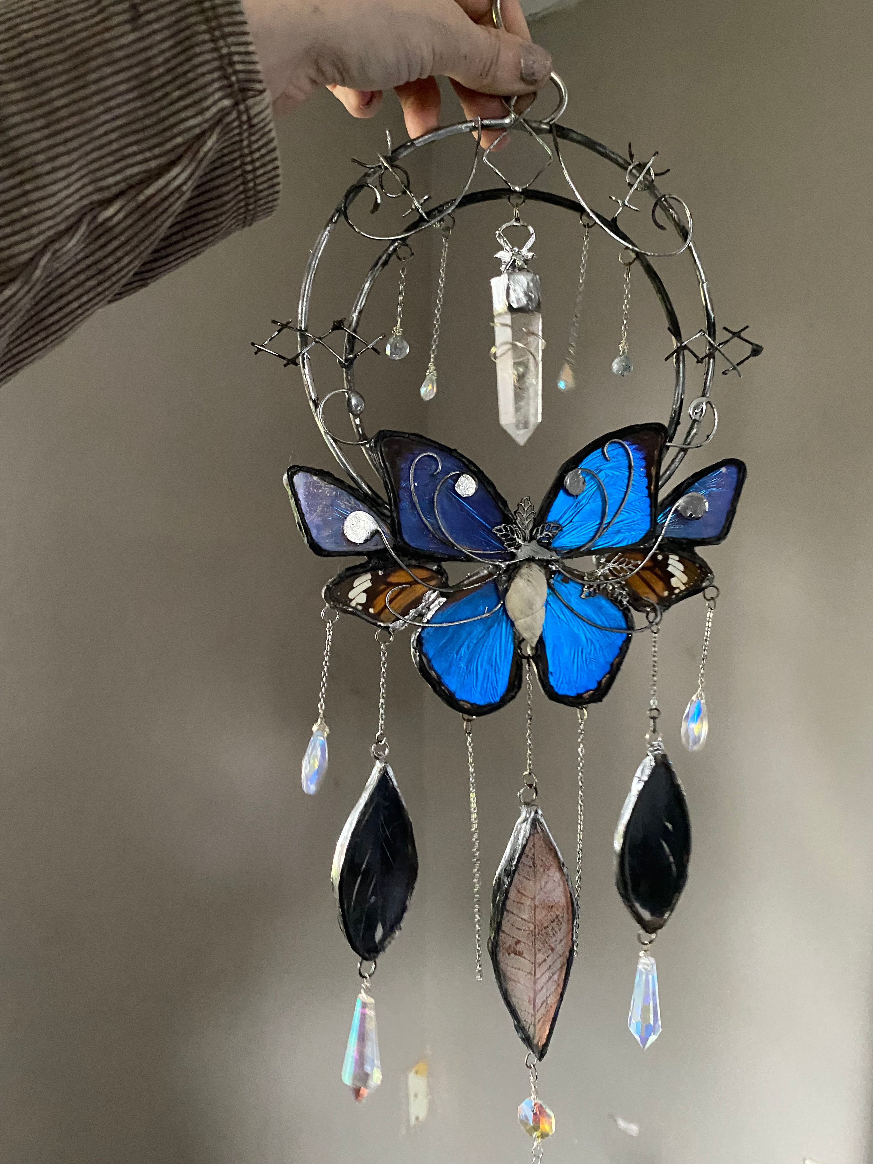 “Morpho Glyph Portal” Black Petina Organic Morpho and Monarch Wall Art with Runic Protection Glyphs, Crow Feather Suncatcher