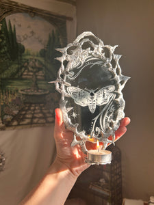 Molten Metal Death Moth Hand Etched OOAK Mirror