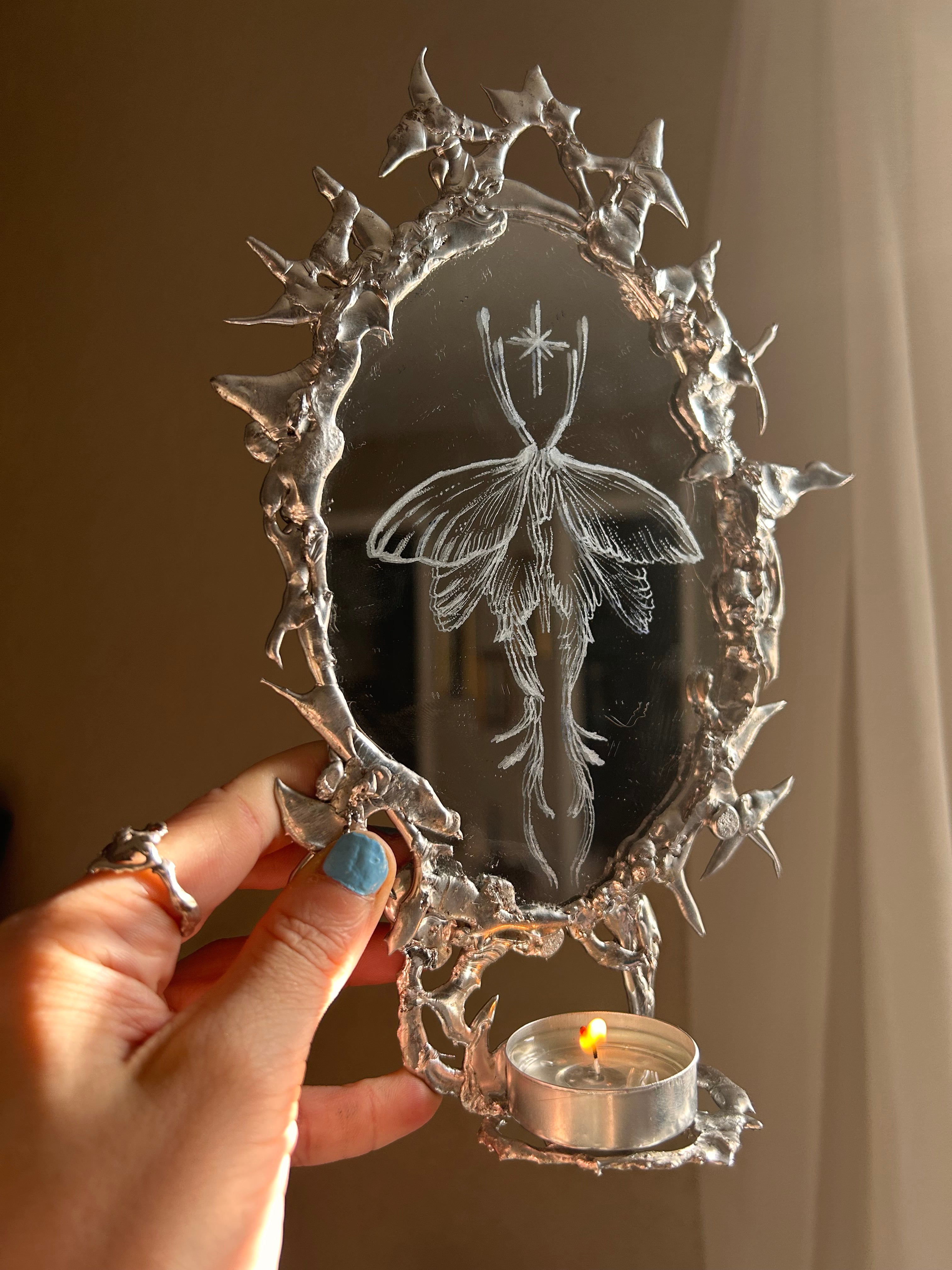 Molten Mirror Whimsical Moth Hand Etched OOAK Mirror