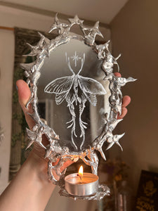 Molten Mirror Whimsical Moth Hand Etched OOAK Mirror