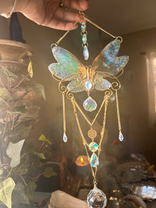 Iridescent Handmade Faux Cicada Wings and Brass Butterfly  Suncatcher