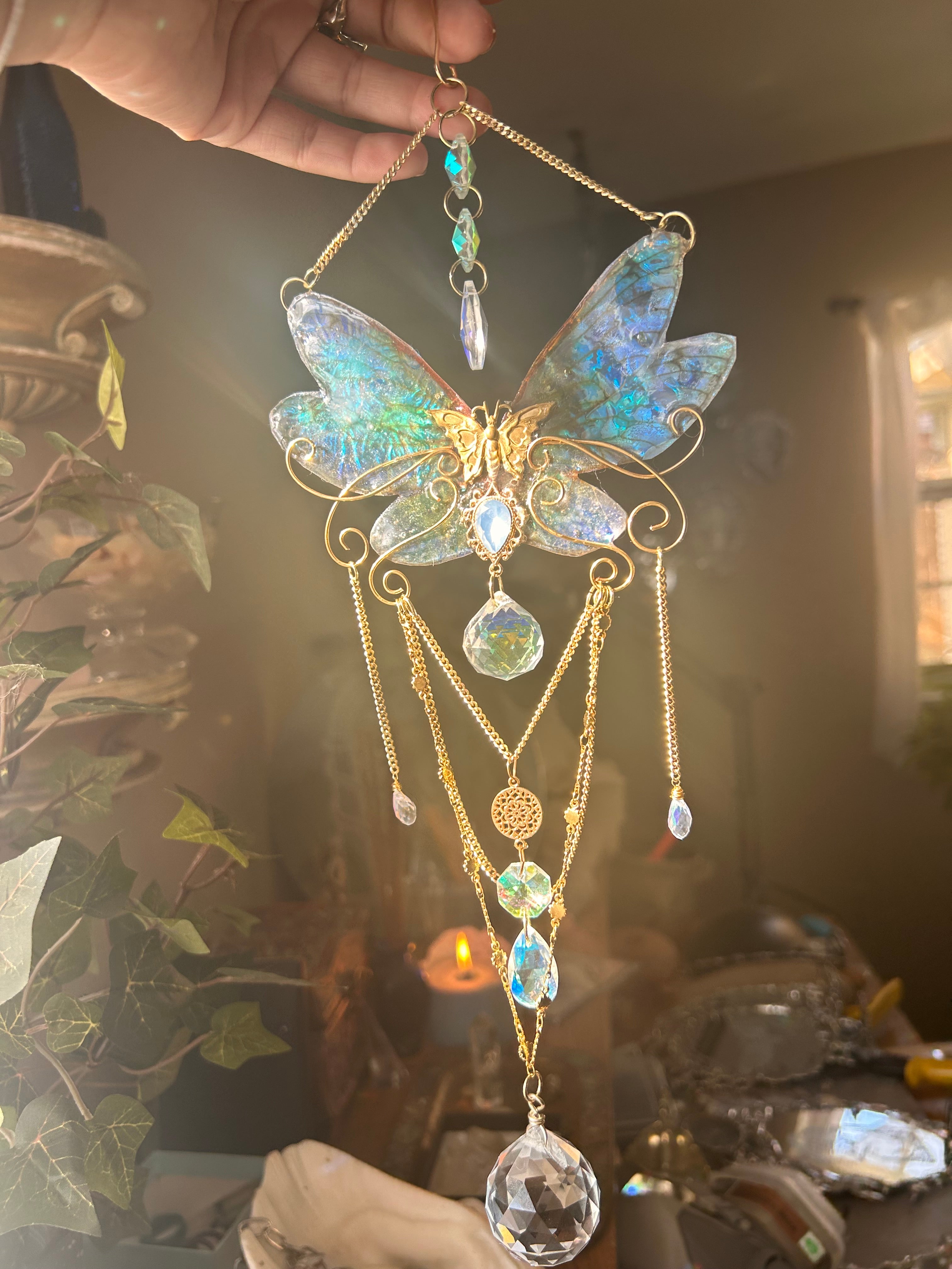 Iridescent Handmade Faux Cicada Wings and Brass Butterfly  Suncatcher