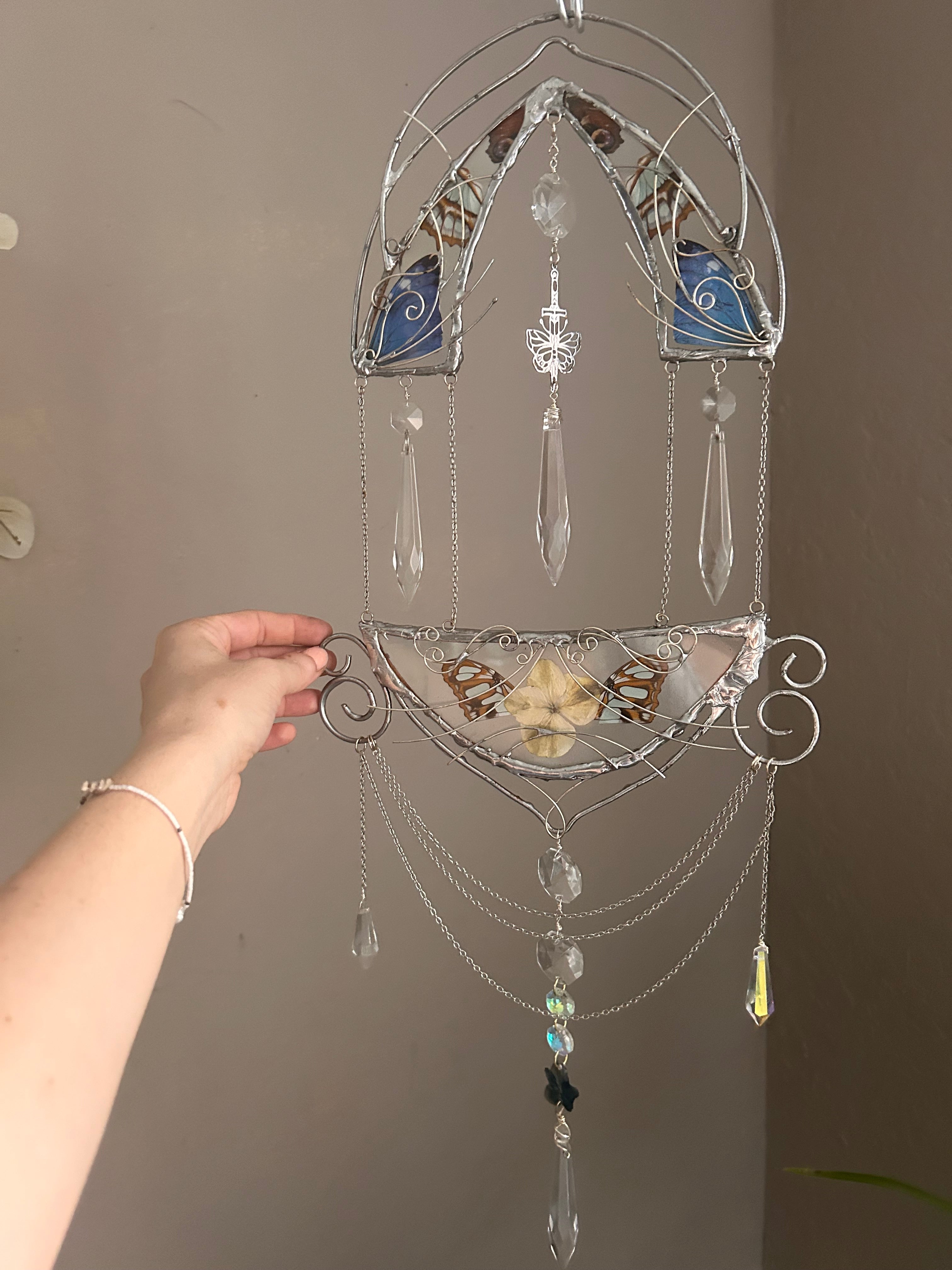 Medium Size Nouveau Wallhanging with Morpho and Hydrangea Chandelier Wallhanging Lightcatcher