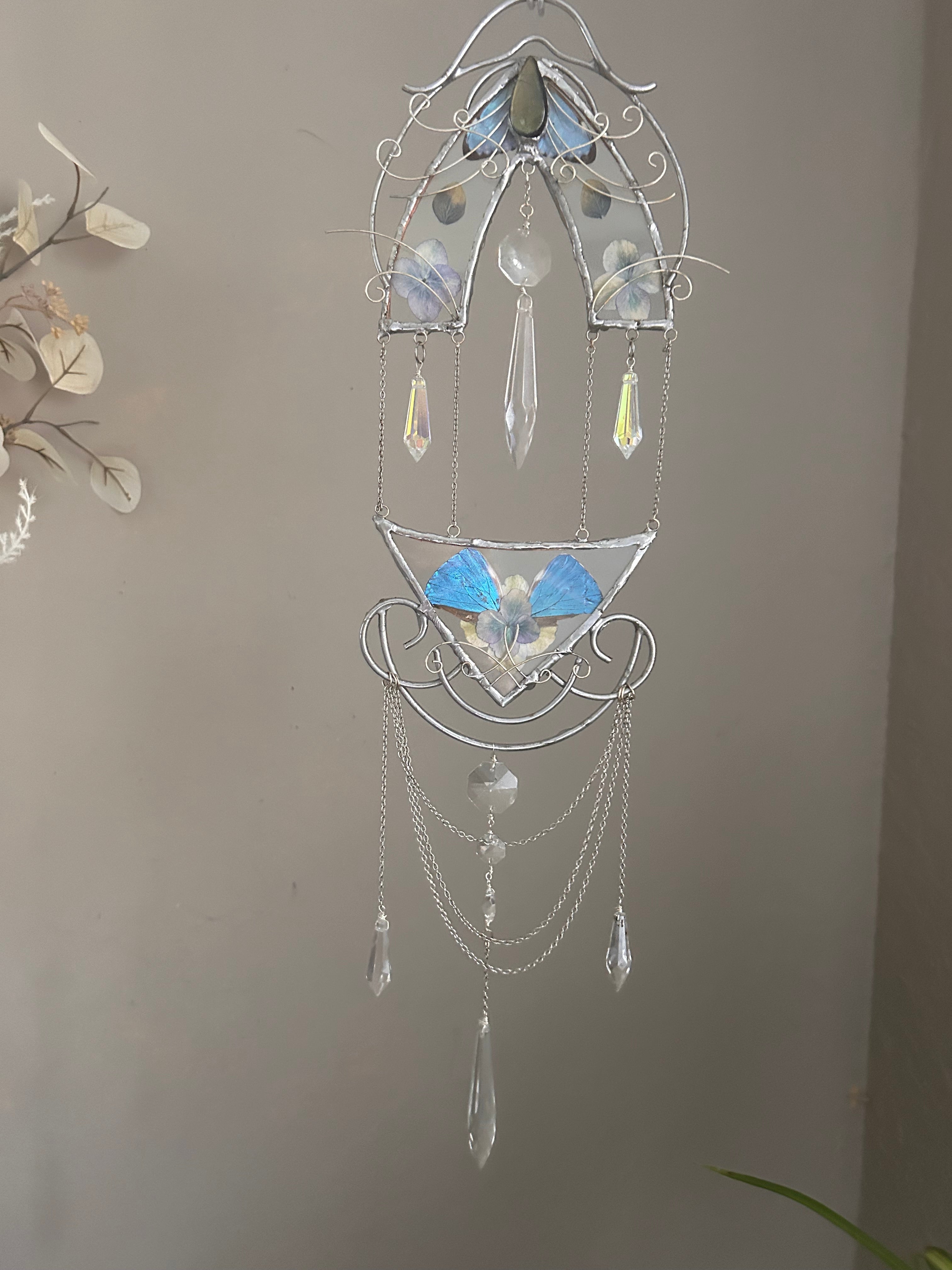 Small Delicate Morpho Butterfly Chandelier Wallhanging Woth Hydrangea and Lightcatcher Crystals. Nouveau Decor