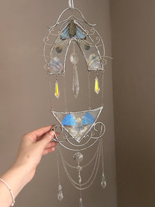 Small Delicate Morpho Butterfly Chandelier Wallhanging Woth Hydrangea and Lightcatcher Crystals. Nouveau Decor