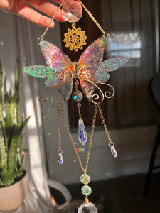 Iridescent Handmade Lightcatcher with Rainbow Faux Butterfly wings and Sacred Geo