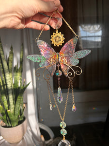 Iridescent Handmade Lightcatcher with Rainbow Faux Butterfly wings and Sacred Geo