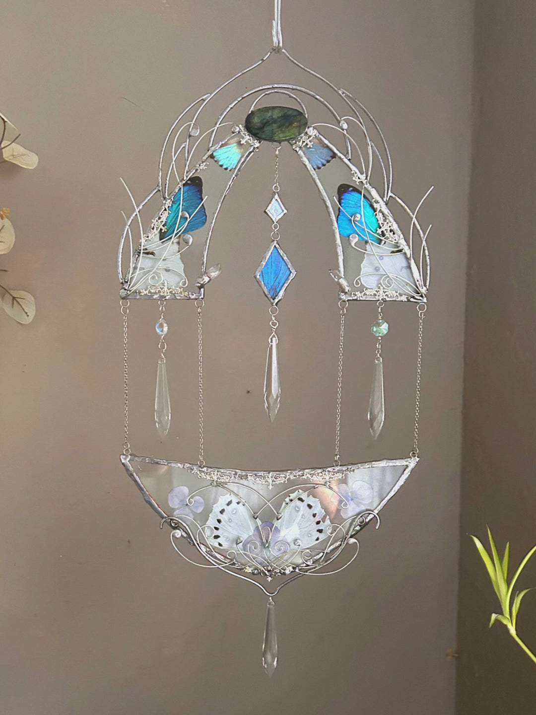 Extra Large White and Blue Morpho Wallhanging Organic Preserved Wings with Labradorite and Nouveau Details