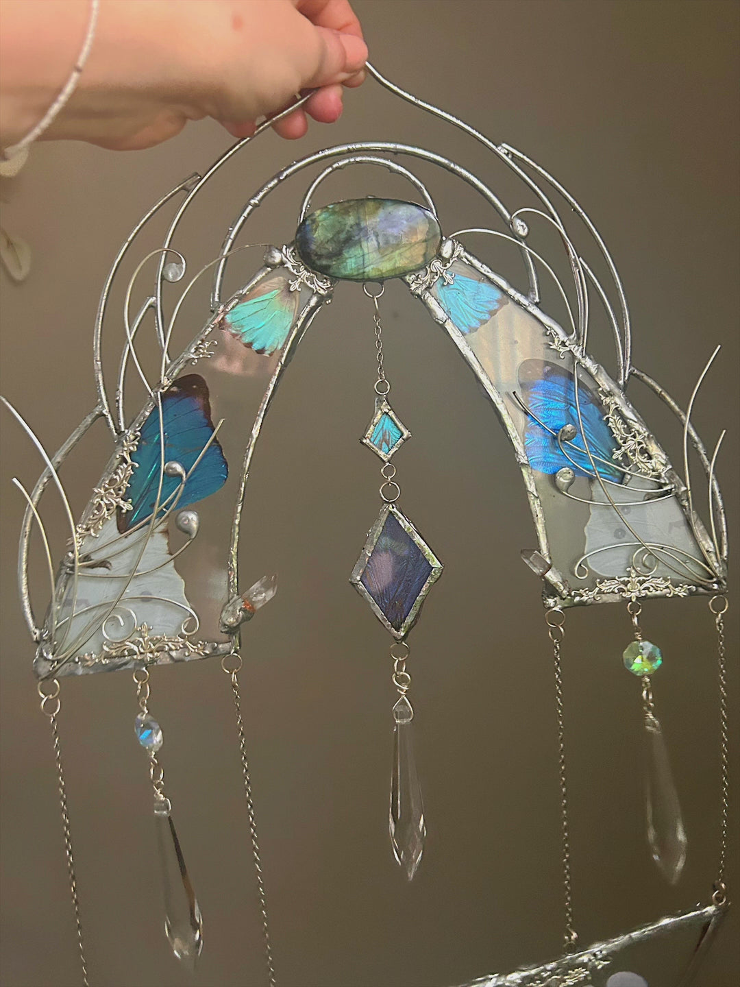 Extra Large White and Blue Morpho Wallhanging Organic Preserved Wings with Labradorite and Nouveau Details