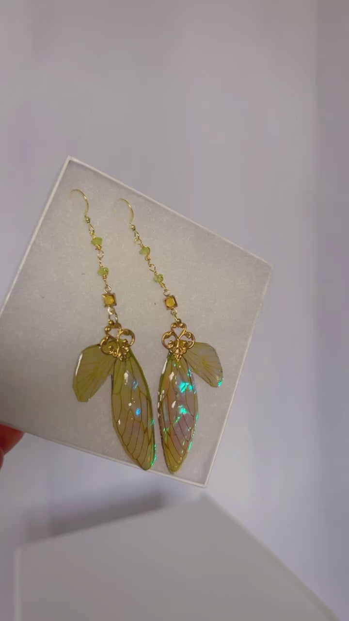 Blue Flashy “labradorite style” Cicada Wing Set with 14k Gold Coated Hooks for Sensitive Ears