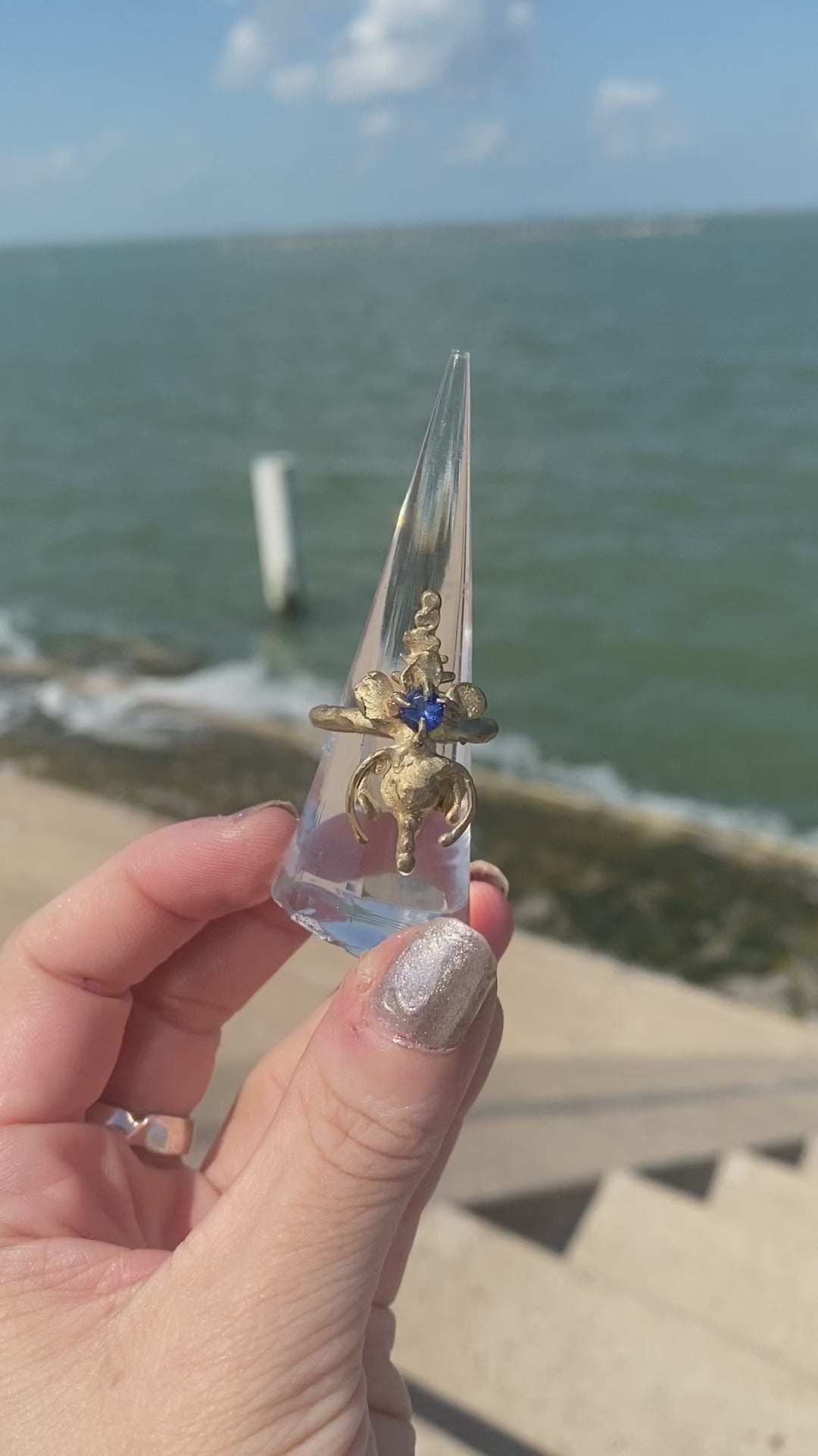 “Florentine” Floral Oddity Bronze Ring with Lab Sapphire Size 7