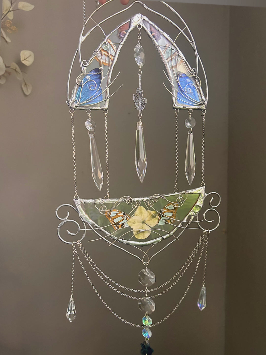 Medium Size Nouveau Wallhanging with Morpho and Hydrangea Chandelier Wallhanging Lightcatcher