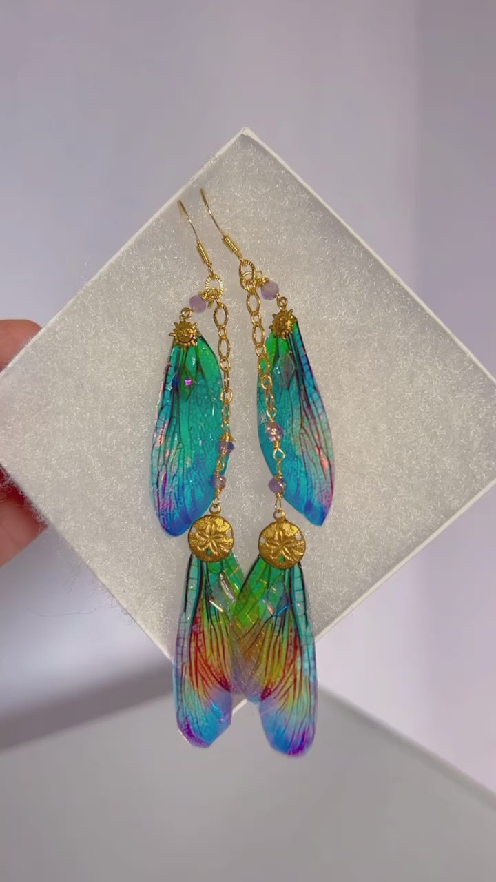 Rainbow Dragonfly Wing Set with 14k Gold Coated Hooks for Sensitive Ears