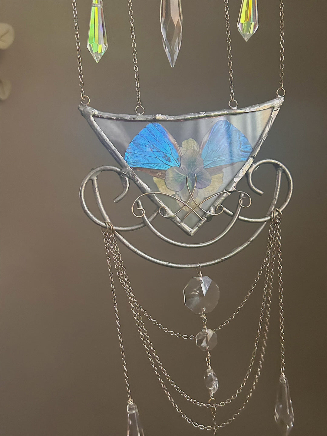 Small Delicate Morpho Butterfly Chandelier Wallhanging Woth Hydrangea and Lightcatcher Crystals. Nouveau Decor