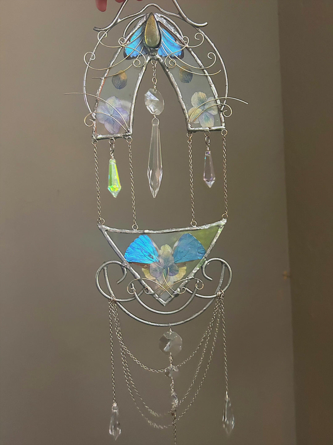 Small Delicate Morpho Butterfly Chandelier Wallhanging Woth Hydrangea and Lightcatcher Crystals. Nouveau Decor